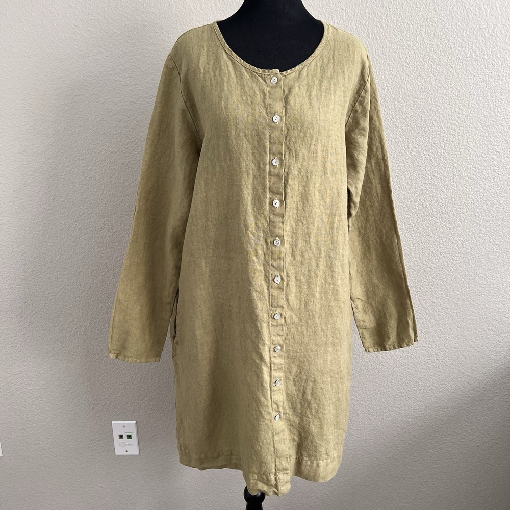 Cut Loose Shirt Dress Linen Medium Green Pockets Buttons Lagenlook Boho Summer